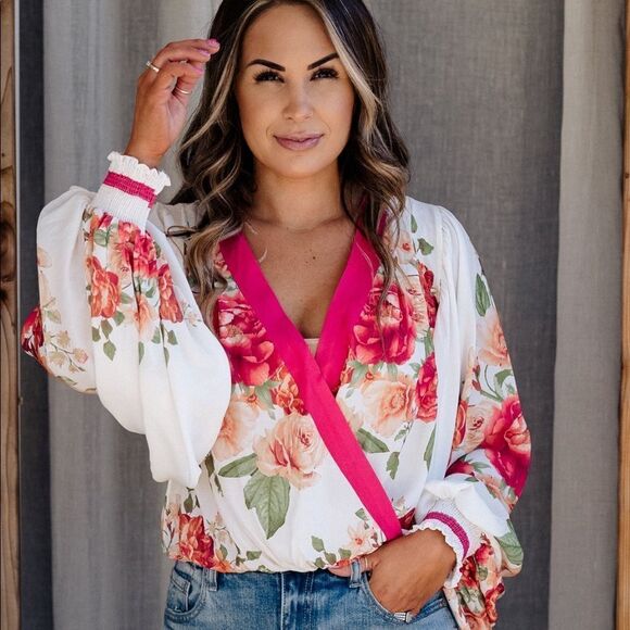 Pink floral long sleeve family photo blouse top work wear business fall cute - Picture 2 of 5